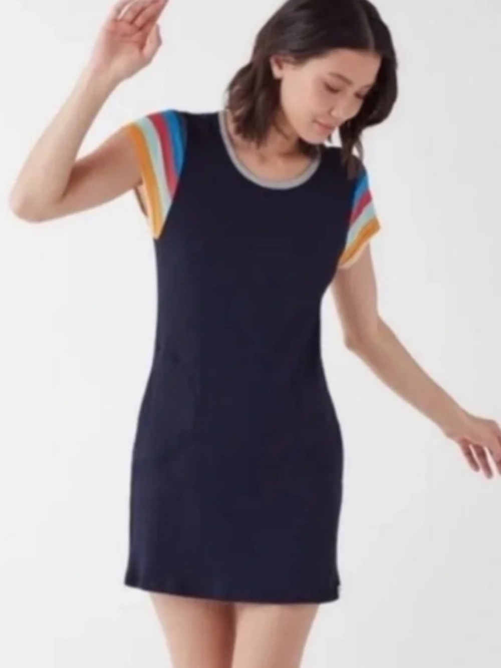 Splendid x Gray Malin lifeguard Tshirt Dress with Rainbow Stripe Sleeves
